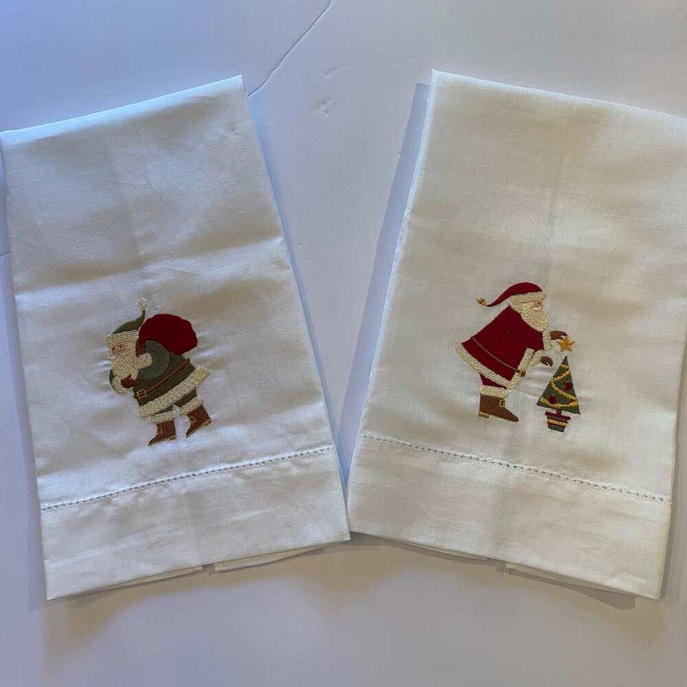 Christmas Embroidered Santa Guest Towel Set Of 2 White Hemstitched